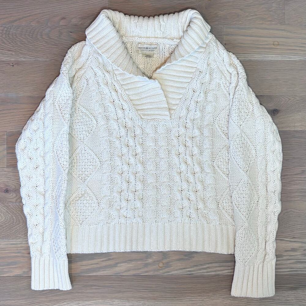 Ralph Lauren Denim Supply Cable Knit Fisherman Sweater Cropped Cream Women S/M